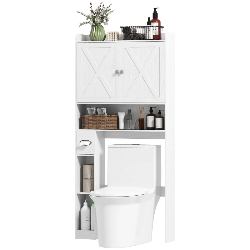 HOMCOM Meuble WC dessus de toilette avec placard à porte de grange, étagère réglable, compartiments et porte-papier, blanc