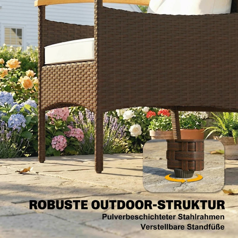 Outsunny Rattan Bistroset 3 teiliges FSC Gartenmöbel-Set mit 2 Sessel, 2-Ebene Holz-Tisch, dicke waschbare Kissen