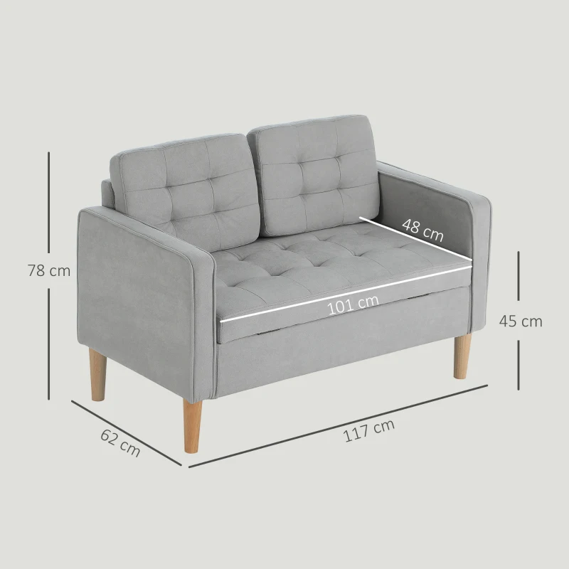 HOMCOM Sofá de 2 Lugares com Espaço de Armazenamento Pés de Madeira Encosto Capitonê 117x62x78 cm Cinzento Claro