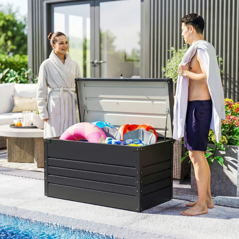 Outsunny Gartenbox Metall 350L Kissenbox mit doppelwandig Deckel 120 x 61 x 62 cm Wasserdicht Abschließbar Grau