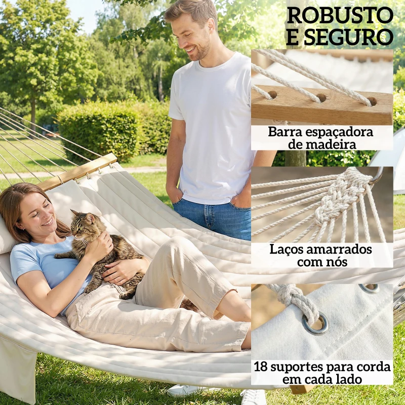 Outsunny Cama Rede Acolchoada de Jardim Portátil com Almofada Ajustável Bolso para Revistas Estrutura de Madeira 325x140 cm Creme