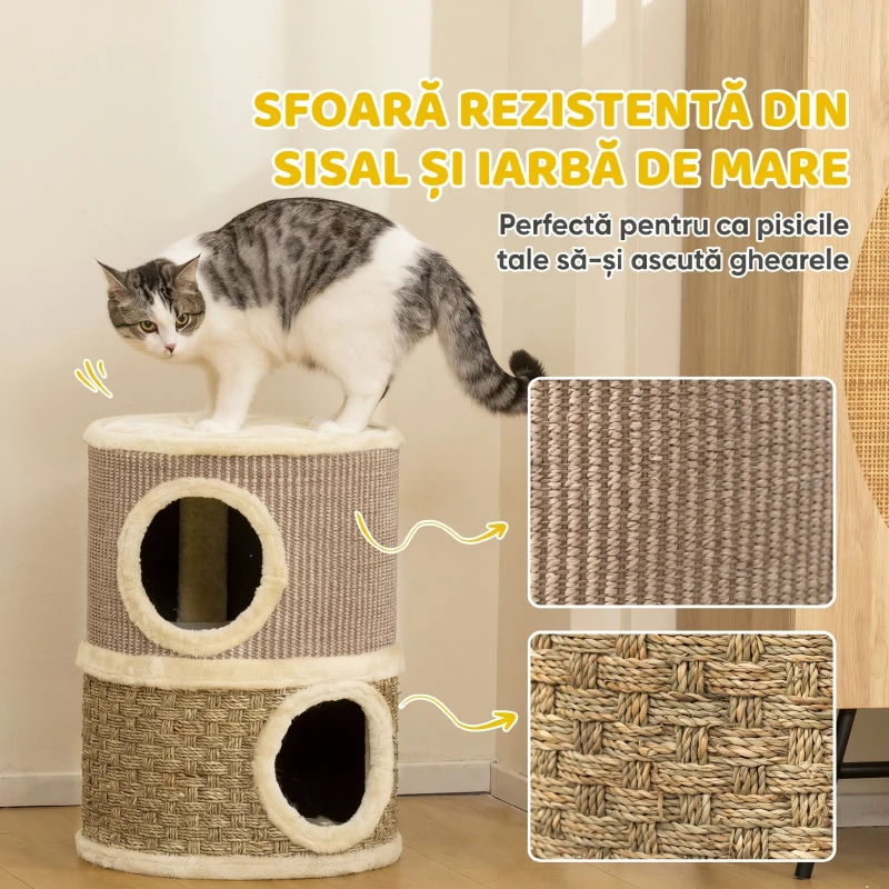 PawHut Căsuță pentru Pisici cu Stâlp de Zgâriat, Tip Turn, 2 Culcușuri, Sisal și Iarbă de Mare, Margini din Pluș, Kaki