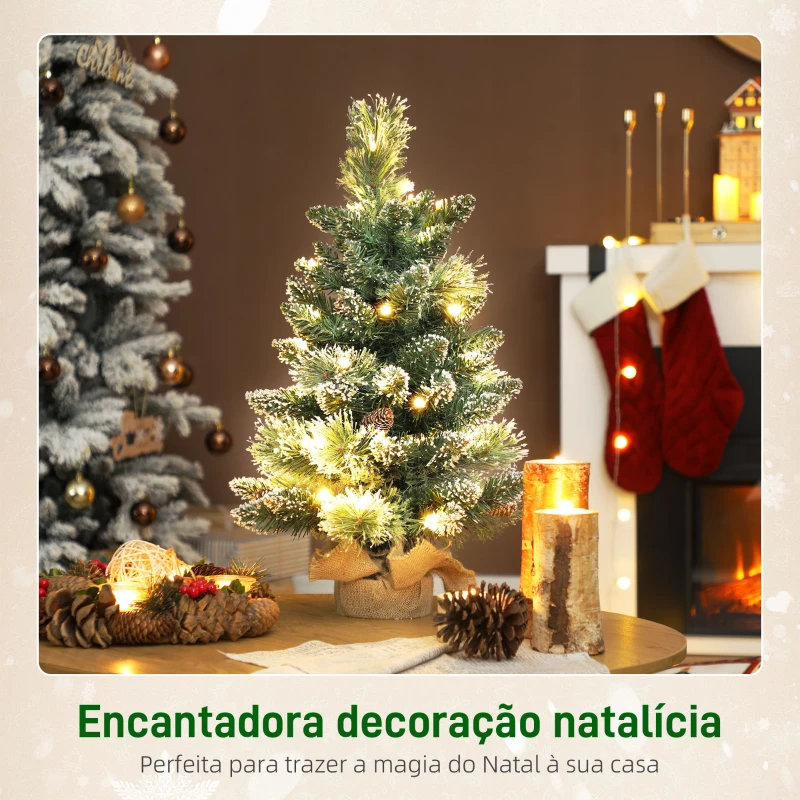 HOMCOM Mini Árvore de Natal Artificial com 35 Luzes LED 60 cm 64 Ramos com Neve Pinha Bagas e Base de Saco de Juta Ø41x60 cm Verde