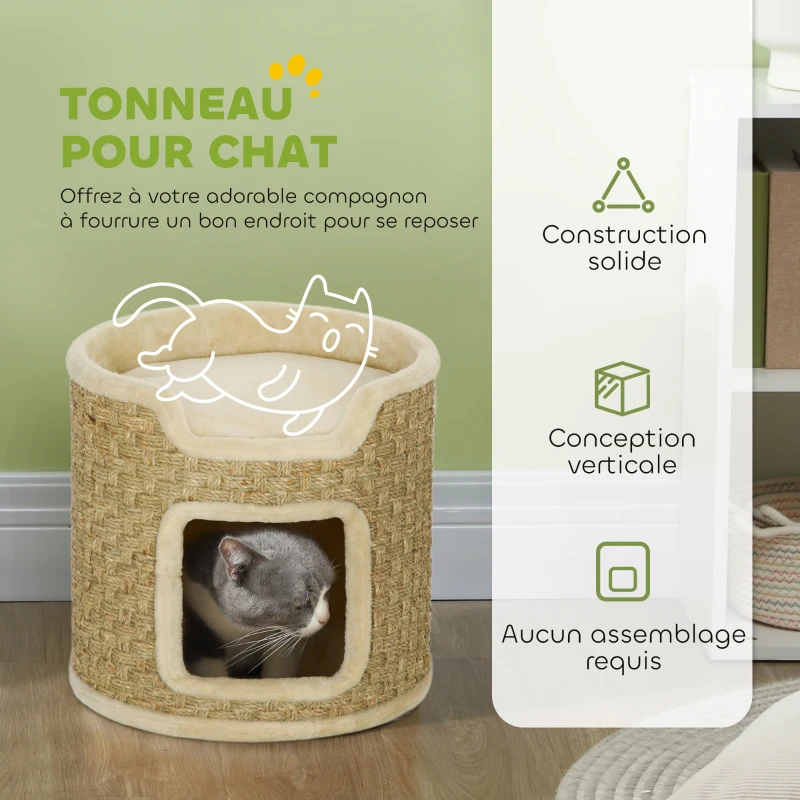 PawHut Tonneau à gratter pour chat, tonneau à chat, recouvert de peluche, capacité de 5 kg, Ø 38 x 37H cm kaki et beige