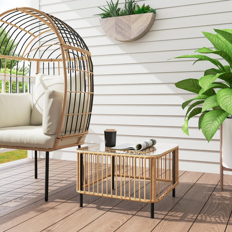 Outsunny Polyrattan Gartentisch, 65 x 65 x 43 cm, wetterfest Beistelltisch quadrarisch mit Glasplatte Naturholz