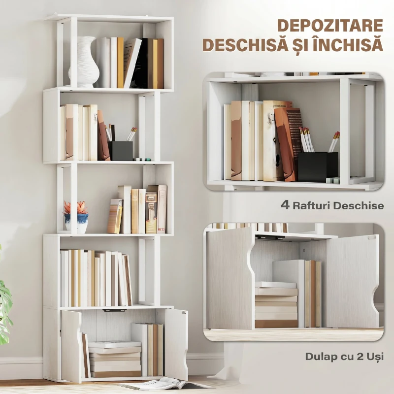 HOMCOM Bibliotecă modernă cu 5 rafturi și dulap cu 2 uși din lemn, 60x23.8x179.2 cm, alb