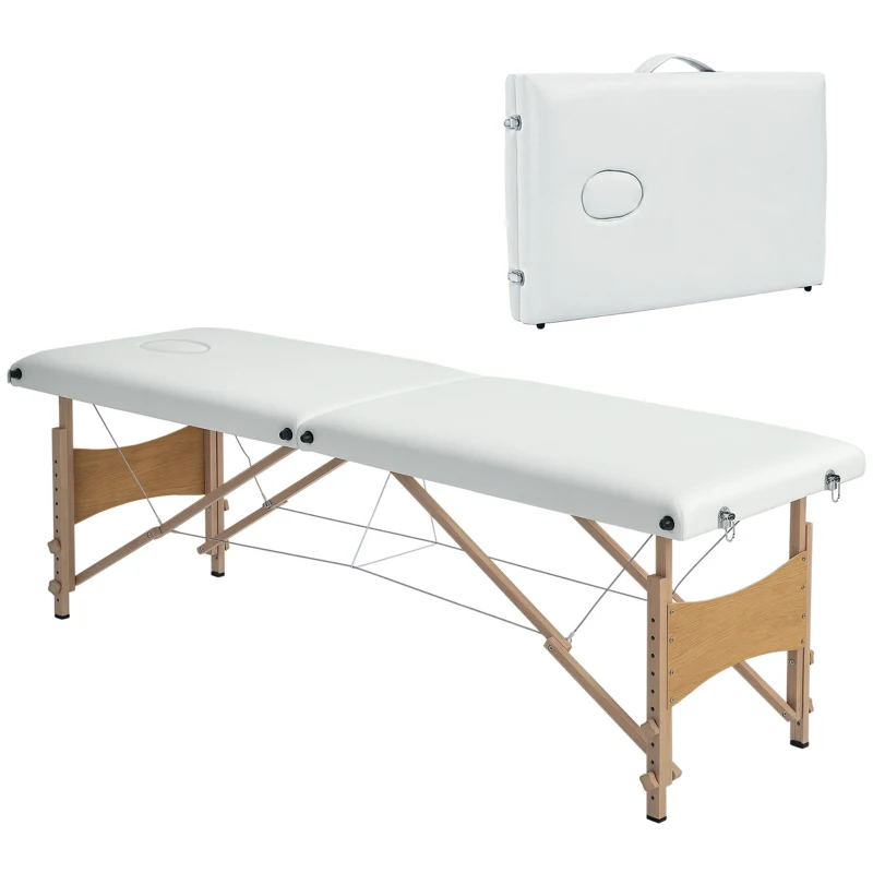 HOMCOM Mobile Massageliege 2 Zonen Klappbar Höhenverstellbar Massagetisch 60 cm Breit mit Tragetasche Holzfüßen Cremeweiß