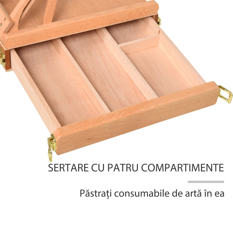 HOMCOM Șevalet din Lemn de Fag cu Sertar Inferior, Reglabil pe Înălțime și Unghi, 42x36x12,5 cm