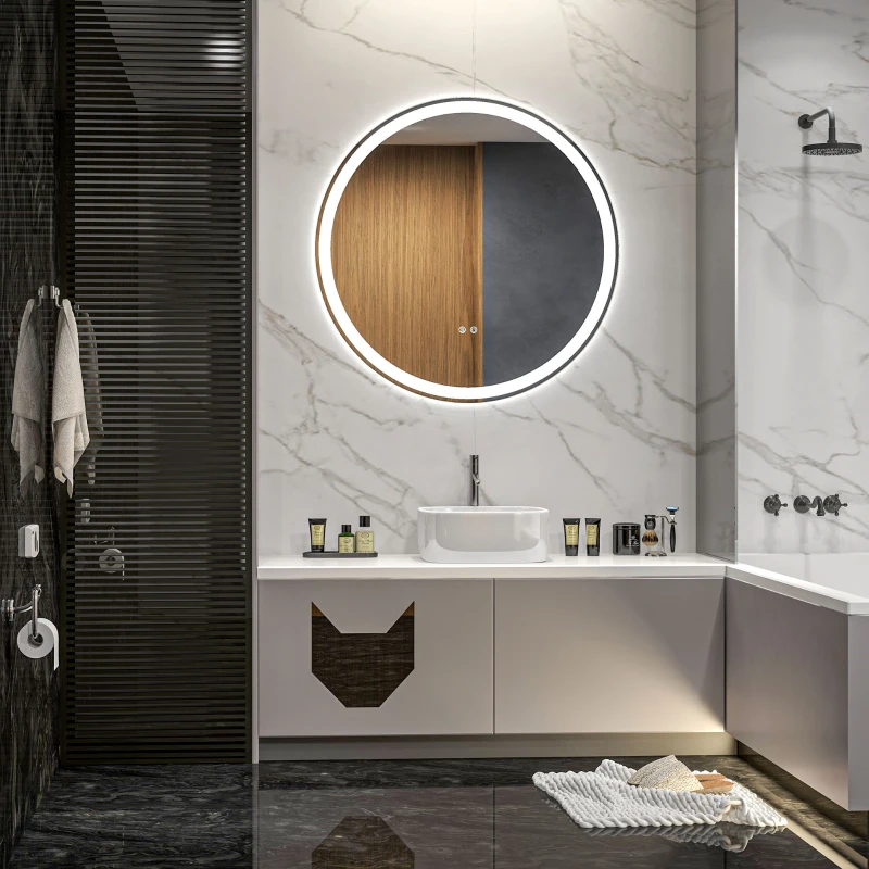 kleankin Miroir rond lumineux LED de salle de bain Ø 80 cm mural avec éclairage 3 couleurs interrupteur tactile 46W blanc argent