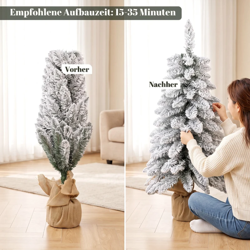 HOMCOM Sztuczna choinka, 90 cm, smukła forma pencil z 107 końcówkami gałązek, podstawa z juty, biały