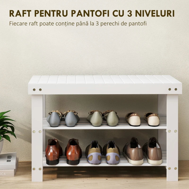HOMCOM Bancă Joasă pentru Pantofi din Bambus cu 2 Rafturi și Șezut, 70 x 28 x 45 cm, Alb