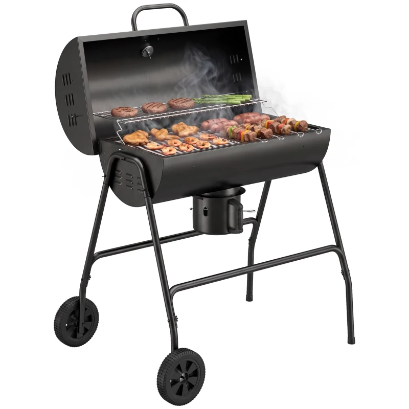 Outsunny Barbecue au charbon de bois BBQ avec couvercle, grille et thermomètre, avec roues, poignée, 95 x 71,5 x 102 cm, noir