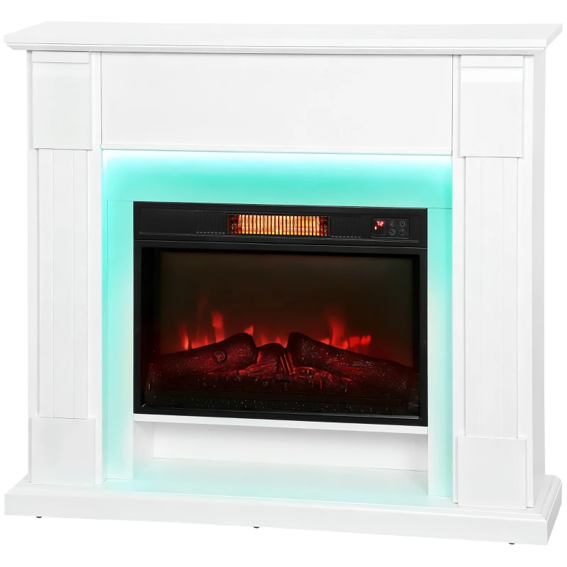 HOMCOM Lareira Elétrica com Efeito de Chama 3D e Tira de Luz LED RGB 1800W Temporizador  para 30 m² 105x27x97 cm Branca