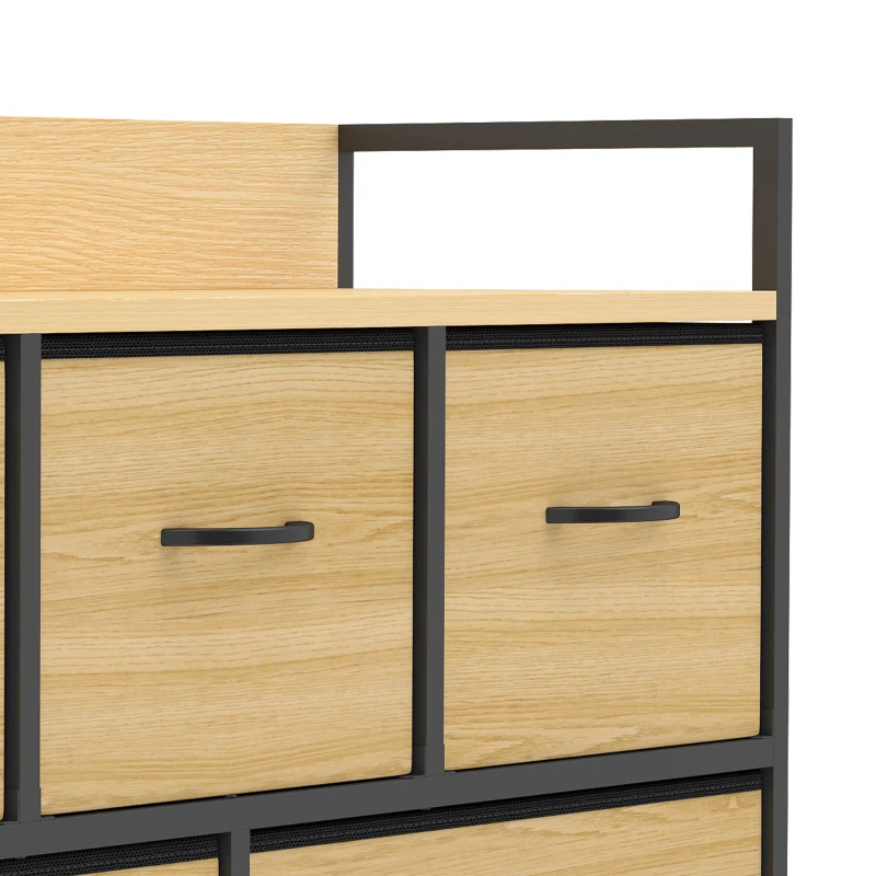 HOMCOM Commode, meuble de rangement avec 5 tiroirs en tissu pliables, plateau et cadre en acier, 98 x 29 x 63 cm, chêne