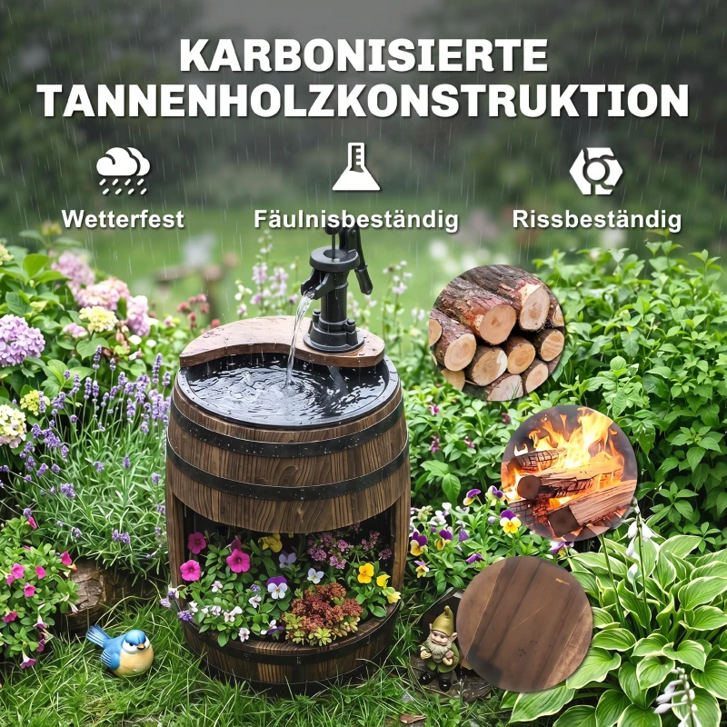 Outsunny Gartenbrunnen Zierbrunnen Springbrunnen Fassbrunnen Wasserfall Holzfass mit Pflanzgefäß Tannenholz Dunkelbraun Ø27 x 59 cm