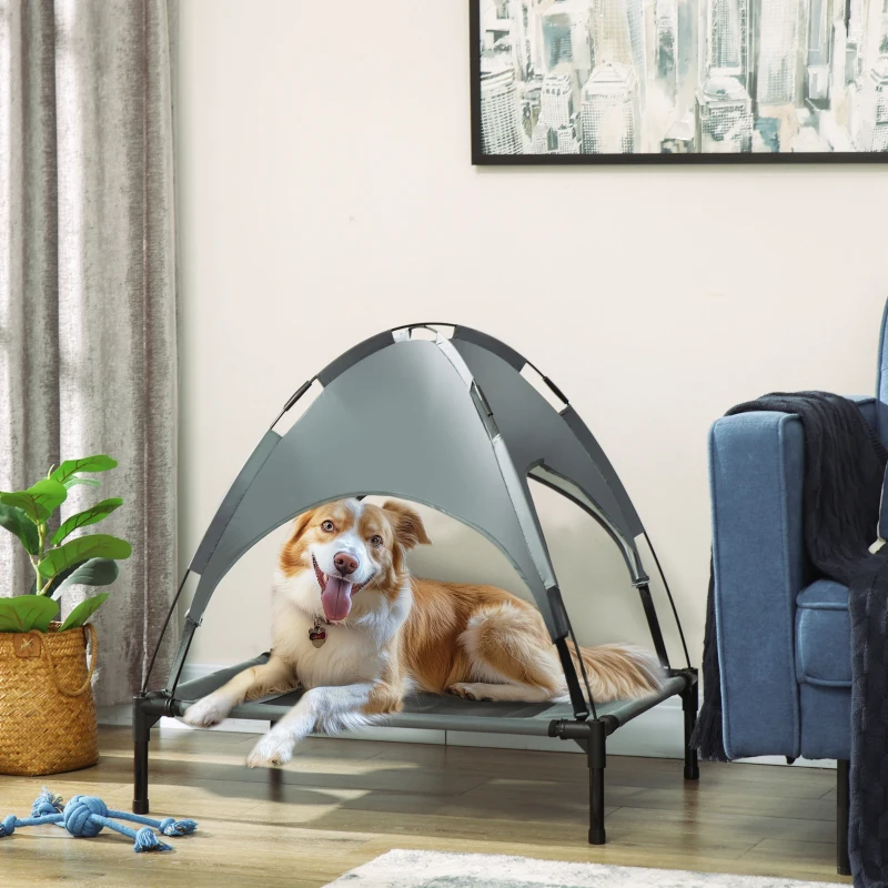 PawHut Cama Elevada para Mascotas Portátil con Toldo Extraíble Tela Transpirable al Aire Libre para Interior y Exterior 76x61x73 cm Gris