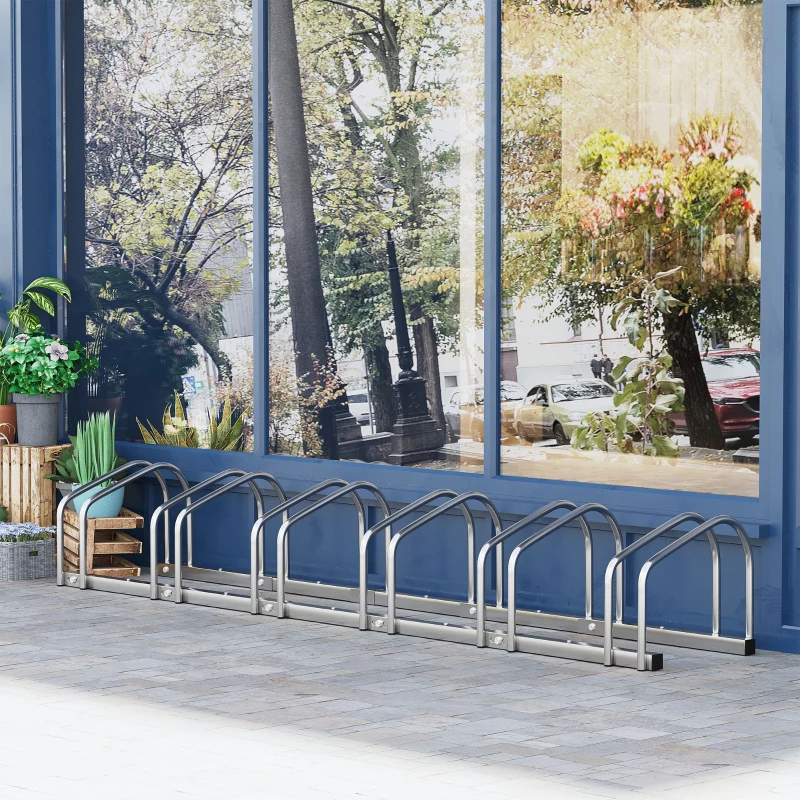 HOMCOM Fahrradständer Radständer Mehrfachständer Aufstellständer Fahrrad Ständer wetterfest langlebig Boden- und Wandmontage Stahl bis 6 Fahrräder Silber 179 x 33 x 27 cm