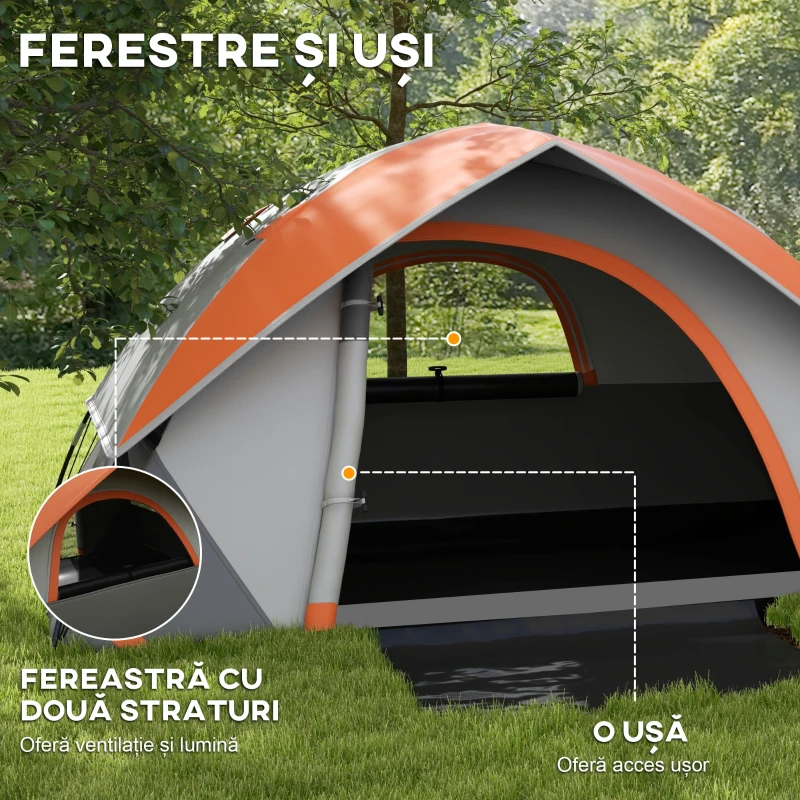 Outsunny Cort de Camping pentru 2 Persoane cu Fereastră cu Plasă și Cârlig, din Poliester, 210x150x110 cm, Gri și Portocaliu