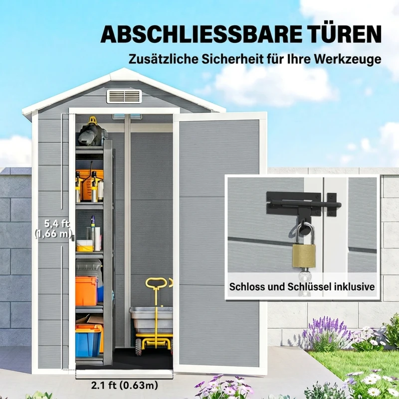 Outsunny Gartenschuppen, Kunststoff-Gartenhaus mit Boden, Fenster, verschließbare Türen, für Garten, 131B x 186T x 198H cm, Grau(m-6)