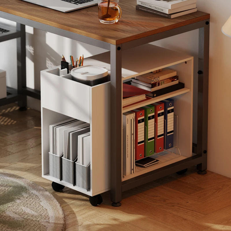 HOMCOM Mesa de Apoio com Rodas Compartimentos Superiores e Prateleiras Abertas 70x36x60 cm Branco