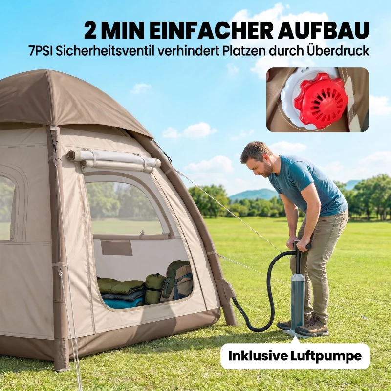 Outsunny Aufblasbares Zelt 2-3 Pers. Schneller Aufbau Outdoor Camping Zelt mit Luftpumpe Meshfenster abnehmbar Dach