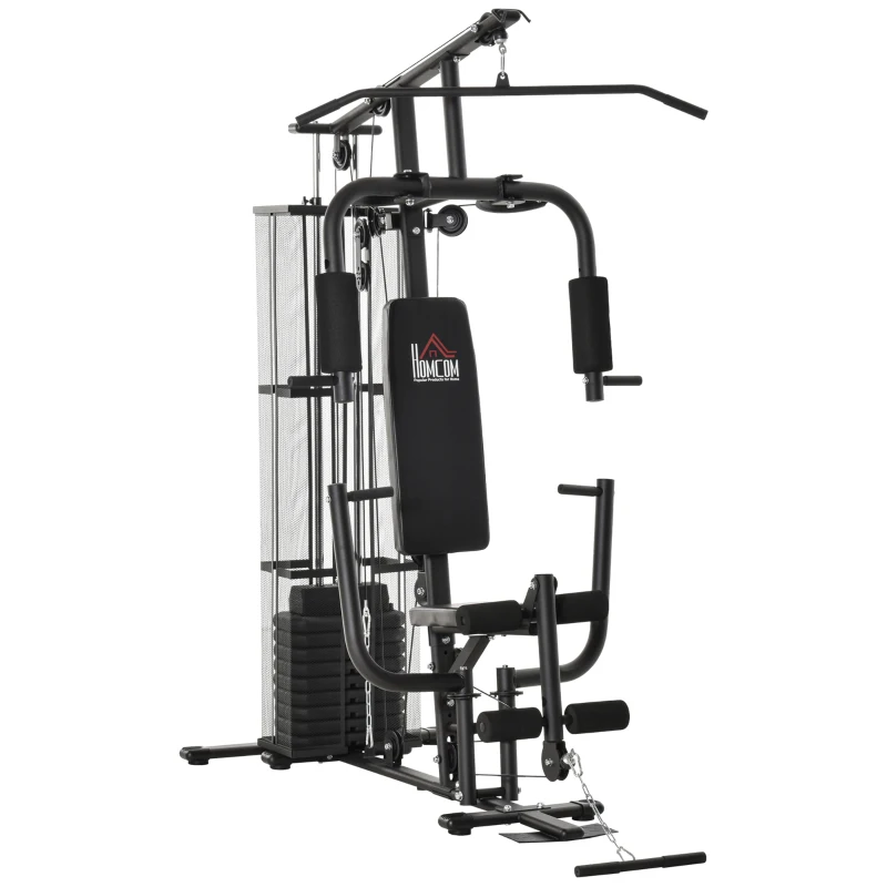 HOMCOM Kraftstation Fitnessstation Fitnessgerät Multifunktion Krafttraining Multistation Trainingsstation mit Latzug Butterflystange 45kg Gewichten Seil, Fitnessgeräte für Zuhause Schwarz