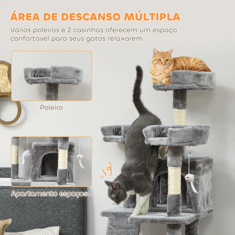 PawHut Arranhador para Gatos Arranhador de Gatos 153 cm com 2 Cavernas 3 Camas 2 Rampas Postes de Sisal e 2 Ratos Pendentes Cinzento