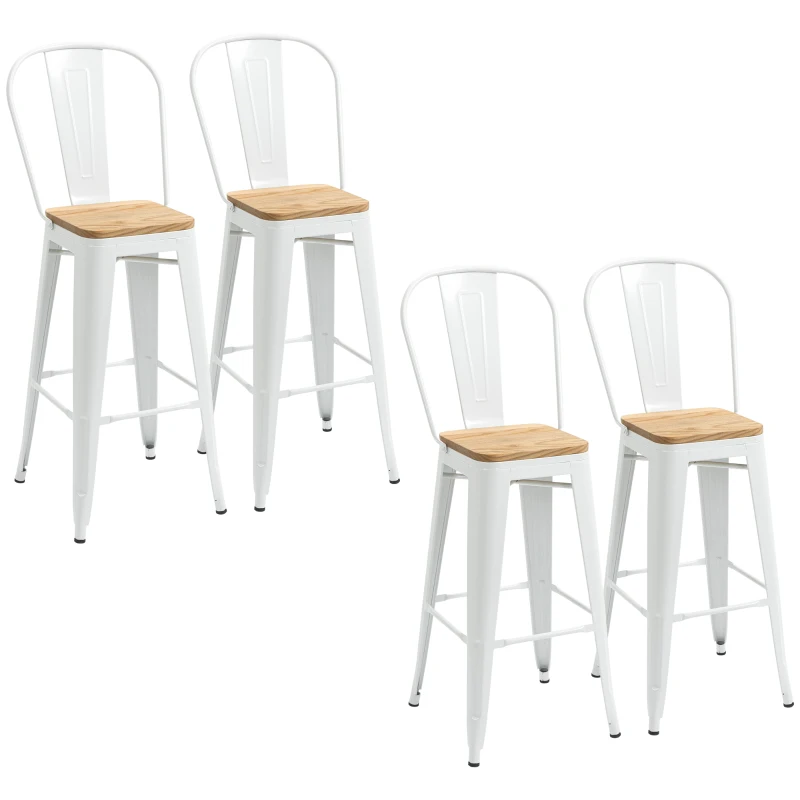 HOMCOM Conjunto de 4 Bancos Altos Empilháveis com Encosto Alto Apoio para os Pés Assento de Madeira 44x53x116 cm Branco