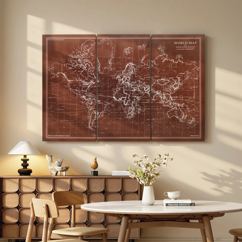 HOMCOM Quadros Decorativos Mapa Múndi Vintage Pintados à Mão 120x60 cm Quadros de Arte de Parede com Moldura de Madeira Castanho