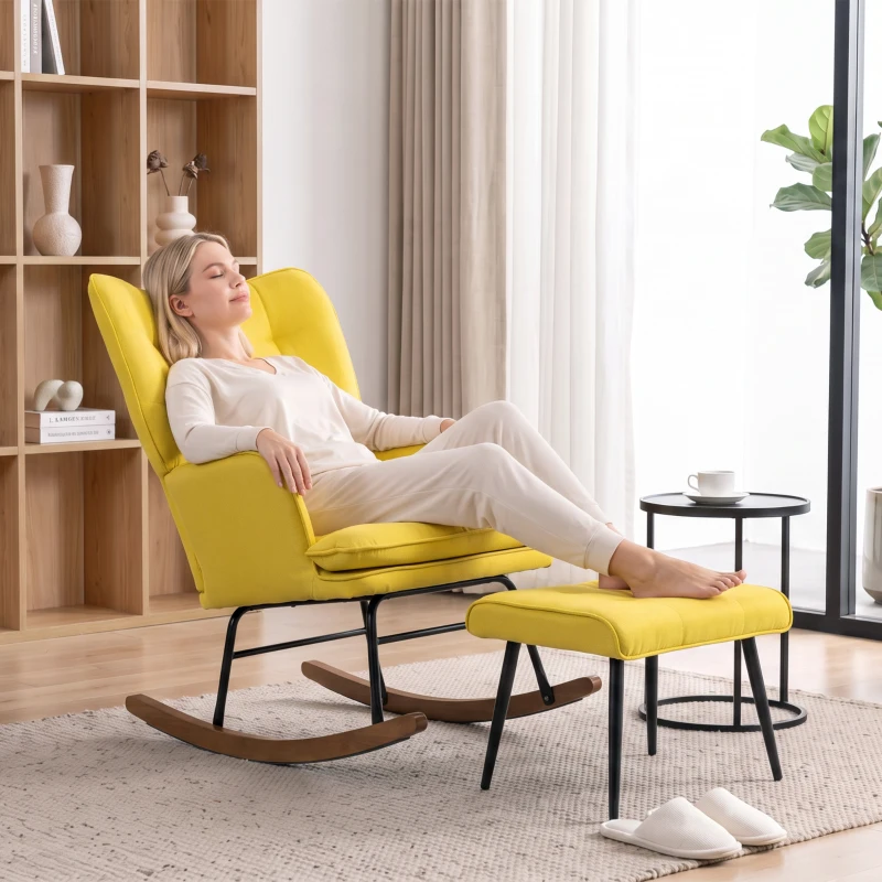HOMCOM Poltrona Baloiço com Apoio para os Pés Poltrona Relax com Almofada Acolchoada e Anti-Tombo 64x89x90 cm Amarelo