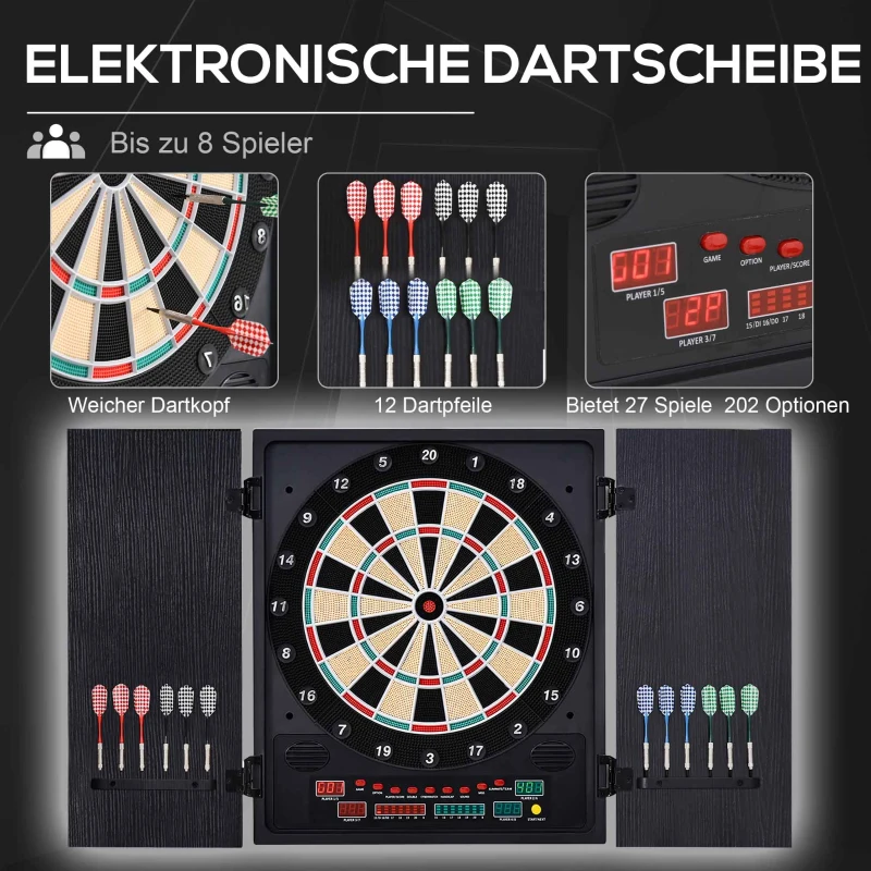 HOMCOM Elektronische Dart-set mit Tür Dartboard Dartscheibe mit automatischer Wertung Soundeffekte 12 Darts 27 Spiele und 202 Trefferoptionen für 8 Spieler 57 x 51 x 6,5 cm