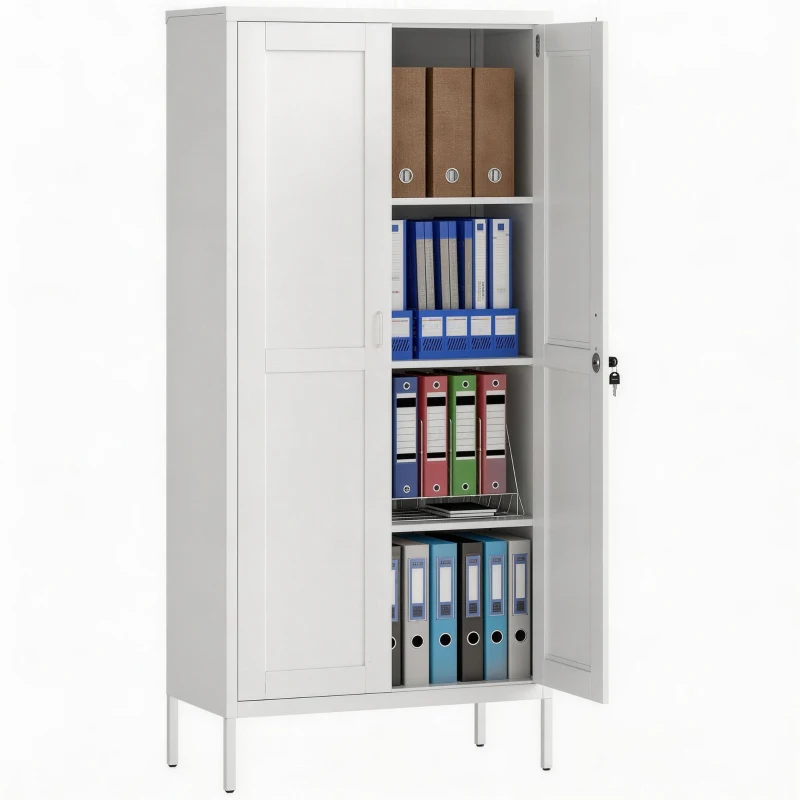 HOMCOM Dulap pentru Birou din Oțel cu 3 Rafturi Reglabile, cu Încuietoare și 2 Chei, 80x40x175 cm, Alb