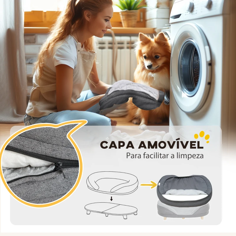 PawHut Sofá para Cães Médios e Grandes Sofá para Animais de Estimação Capa Lavável e Pés de Madeira Carga 25 kg 90x78x25 cm Cinza
