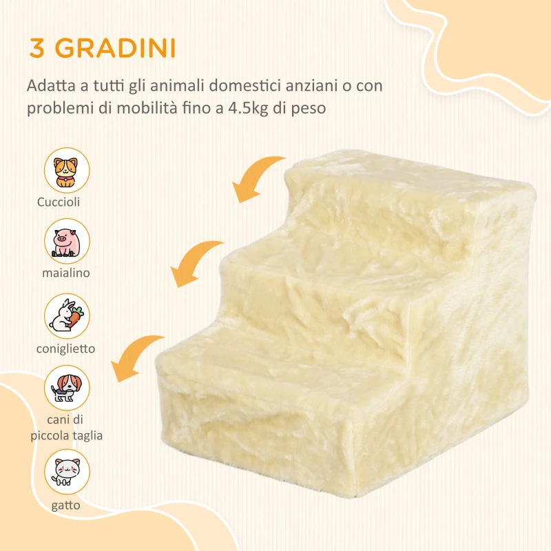 PawHut Scala per Cani a 3 Gradini, Scaletta per Cani e Gatti di 4.5 kg in Velluto Sfoderabile e Lavabile, Beige