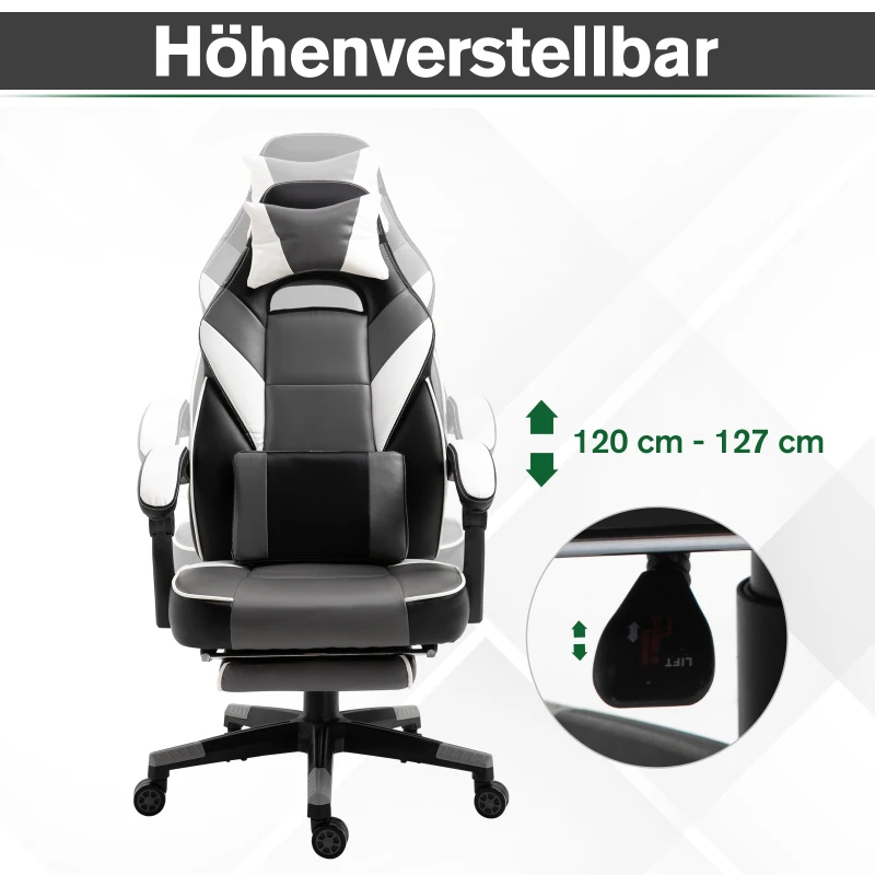 Vinsetto Ergonomischer Bürostuhl, Gaming Stuhl, Drehstuhl mit Lendenkissen und Fußstütze, Kunstleder, Grau, Weiß, Schwarz, 68 x 70 x 120-127 cm