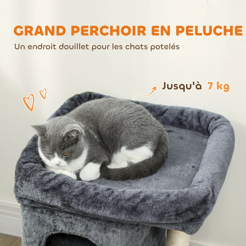 PawHut Arbre à chat, tour de jeux pour chat, plateforme, 2 niches et balle griffoirs en sisal, 45 x 40 x 66 cm, gris foncé