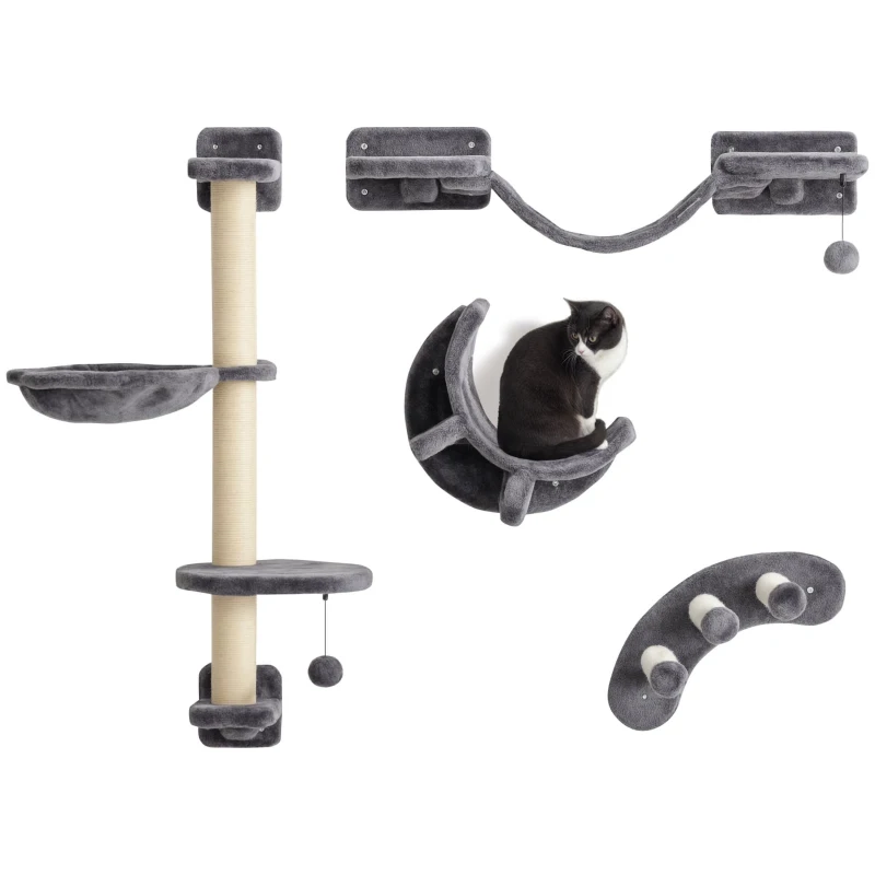 PawHut Kletterwand Katzen 4-teilig Katzen Kletterwand Set mit Hängematte, Katzenbrücke bis zu 5 kg, Dunkelgrau