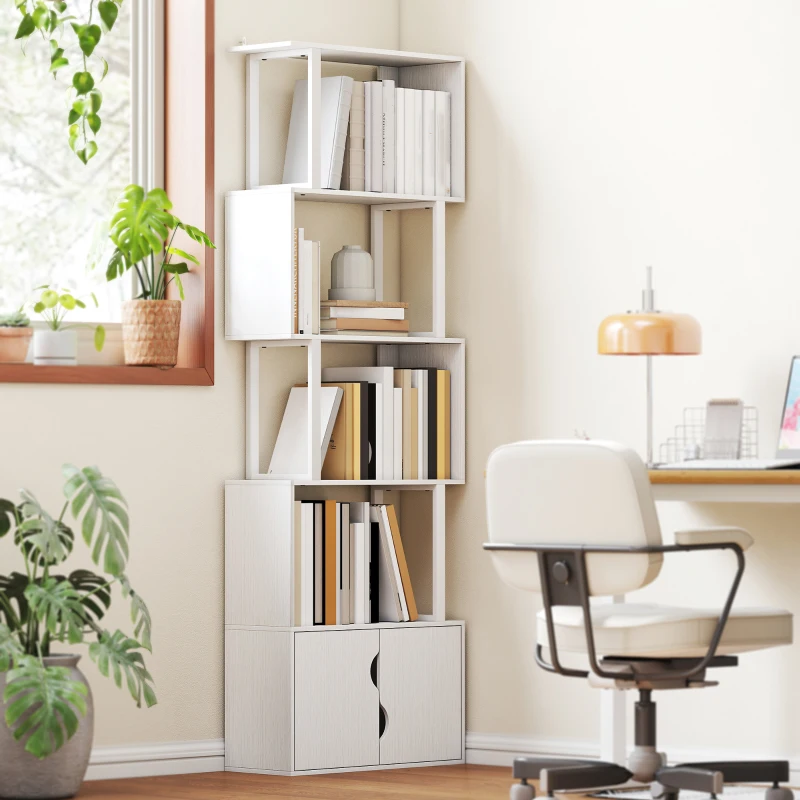 HOMCOM Bibliotecă modernă cu 5 rafturi și dulap cu 2 uși din lemn, 60x23.8x179.2 cm, alb
