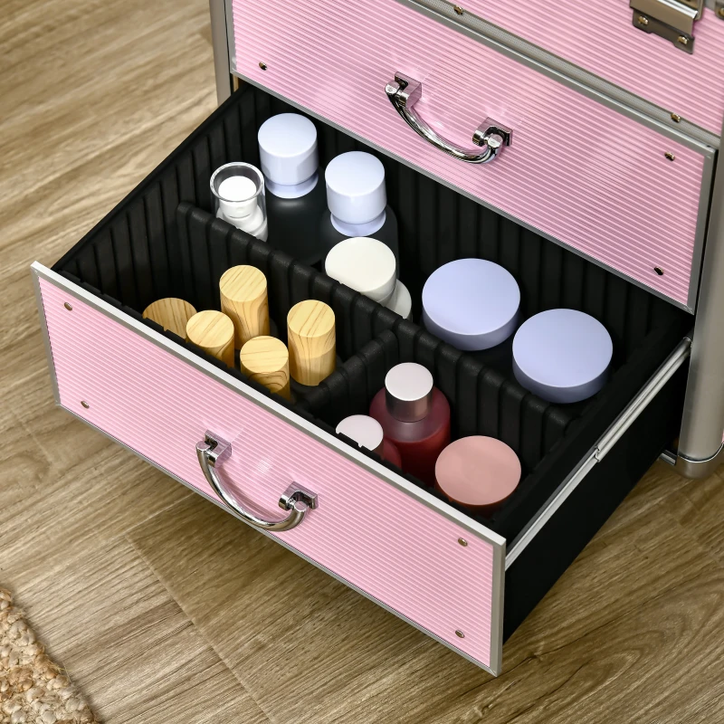 HOMCOM Valise trolley maquillage mallette cosmétique vanity poignée télescopique réglable 36L x 23l x 58H cm alu ABS rose
