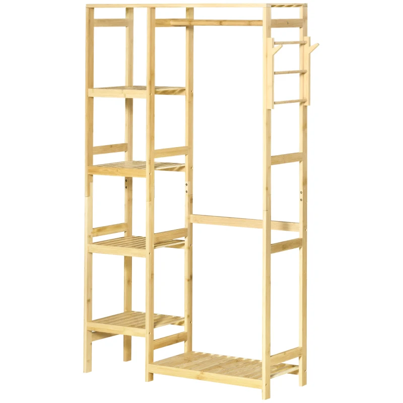 HOMCOM Suporte para Cabides de Bambu Cabideiro com Prateleiras de 4 Níveis com Barra Prateleira Inferior e Cabide Lateral 90x30x155cm Madeira