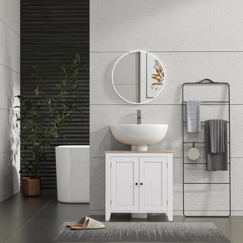 kleankin Dulap sub Chiuvetă Baie în formă de U cu Raft Reglabil la Interior, din MDF, 60x30x60 cm, Alb și Lemn Natur(m-8)