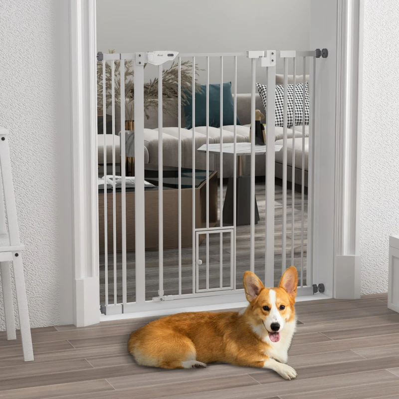 PawHut Barreira de Segurança para Cães com Porta Pequena Fechamento Automático e Sistema Duplo de Bloqueio 74-101x104,1 cm Branco