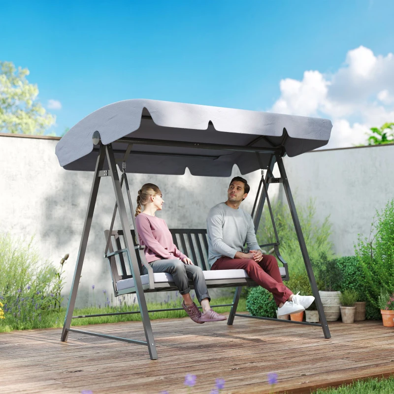 Outsunny Baloiço de Jardim para 3 Pessoas Banco Baloiço com Toldo Ajustável Almofada e Estrutura de Aço 205x133x181 cm Cinzento