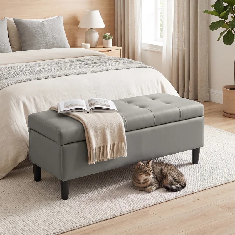 HOMCOM Banco Baú 136L Puff Baú Apoio de Pés Grande 110x41x42cm, Pele Sintética Adequada para Animais Cinza