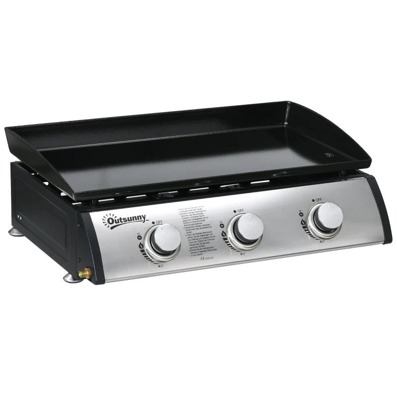 Outsunny Gasgrill mit Deckel, 3 Brennern, Fettauffangschale, antihaft-Platte, 63x47x25 cm, Schwarz/Silber