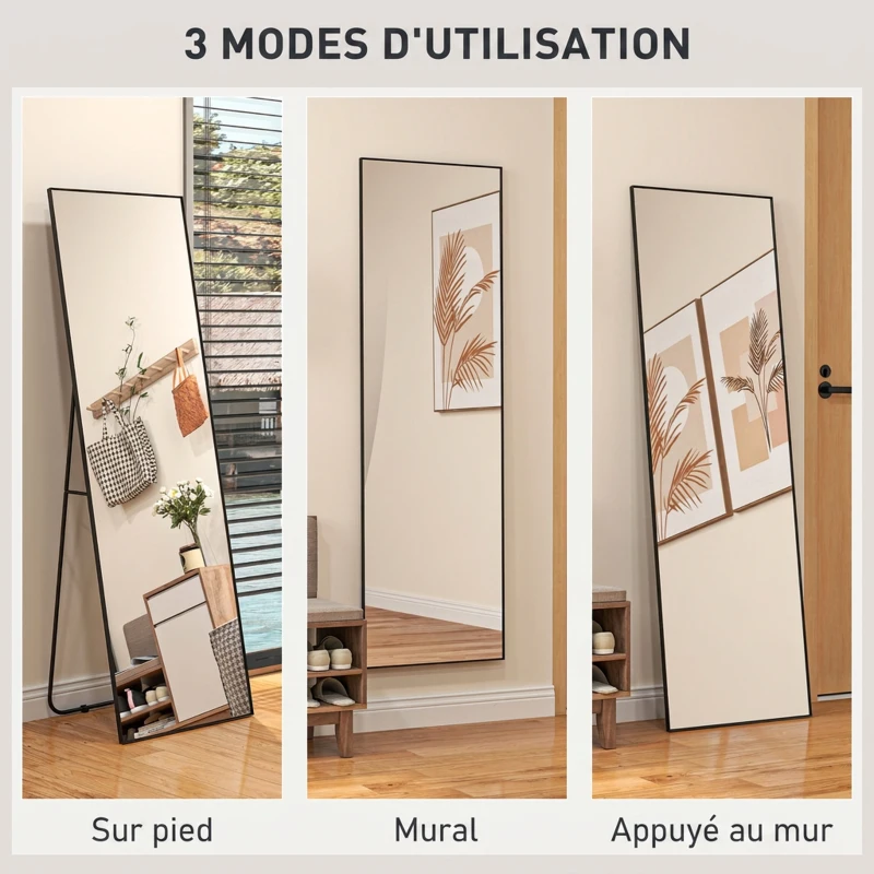 HOMCOM Grand miroir pleine longueur rectangulaire, 50 x 160 cm, miroir sur pied, mural ou pocé contre mur, noir