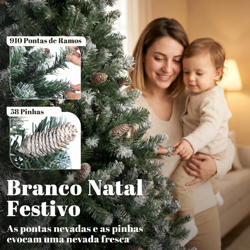 HOMCOM Árvore de Natal Artificial 180 cm Árvore de Natal com 910 Ramos com Efeito Neve 58 Pinhas Verde