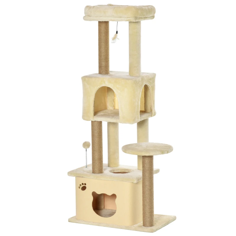 PawHut Copac pentru Zgâriat Pisici Înalt de 136 cm cu Căsuță Detașabilă, Căsuță și Pat, Stâlpi din Iută, Beige