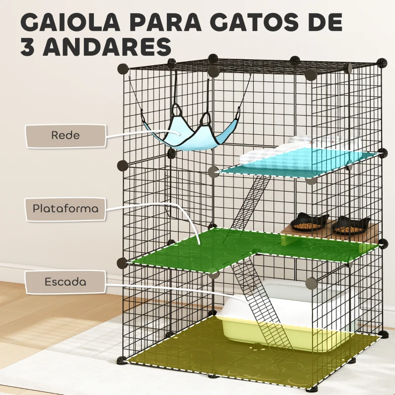 PawHut Gaiola Interior para Gatos de 3 Níveis em Aço com 3 Portas, 2 Escadas e Rede, 70x70x105 cm, Preto