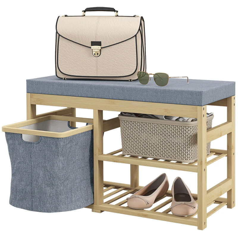 HOMCOM Banco para Sapatos de Bambu Móvel Sapateira com Assento Cesta Amovível e Prateleiras Abertas para 4 Pares de Sapatos 69x30x45 cm Madeira